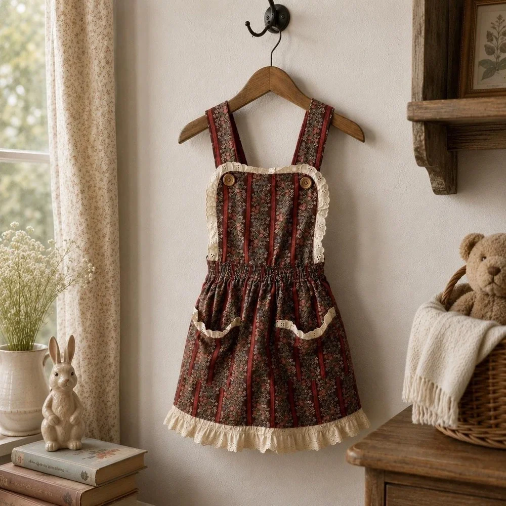 Antique Victorian Child Pinafore Apron – Floral Stripe Eyelet Lace Cottagecore